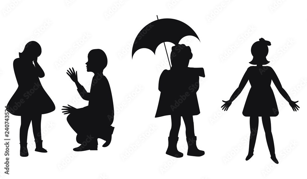 Silhouettes of small children - girl with umbrella, elder brother - isolated on white background - vector