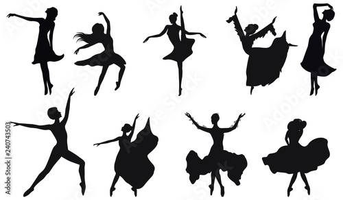 Dancers silhouettes - set of nine female figures - isolated on white background - vector