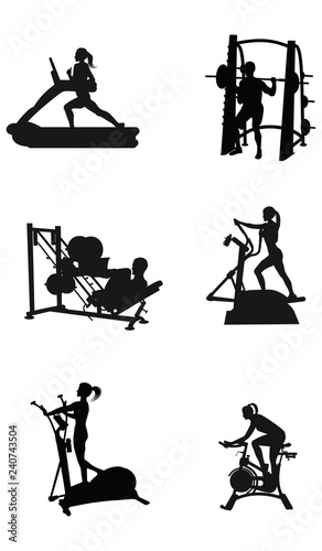 Sports set - silhouettes of men and women on a treadmill, weight training equipment - detailed - vector