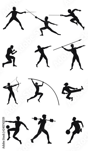 Sports set - twelve male silhouettes - fencing, athletics, football, barbell, karate - detailed - vector