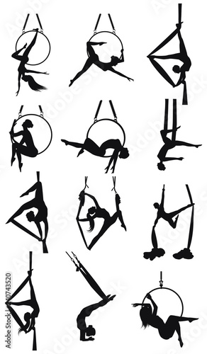 Set - aerial gymnastics - twelve female silhouettes on the rings and on the hammock - detailed - vector