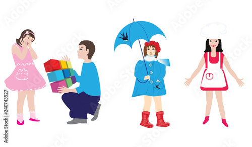 Images of children - girl with umbrella, little cook, elder brother - detailed, isolated on white background - vector