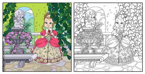 Beautiful princess holding letter in cozy corner near garden marble vase with a statue of Cupid color and outlined for coloring
