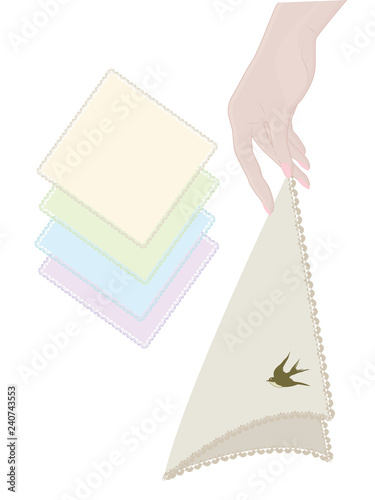 Handkerchief with lace trim in female hand - isolated on white background - vector. Textiles. Linen napkins.