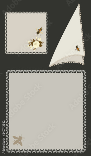 Fabric napkins with applique and lace trim - isolated on a dark background - vector. Home textiles