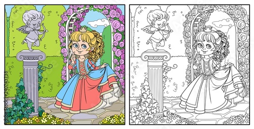 Lovely princess in park with statue of a cupid archer standing on column entwined with ivy color and outlined for coloring