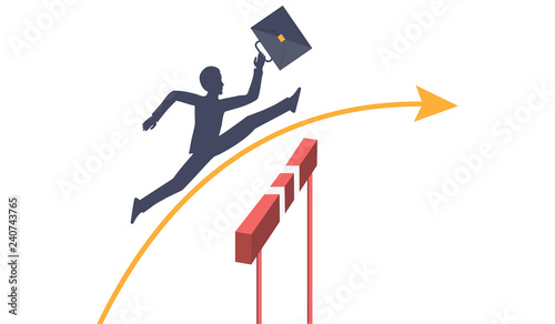 Businessman with briefcase jumping over a turnstile - isolated on white background - vector. Financial Success Concept.