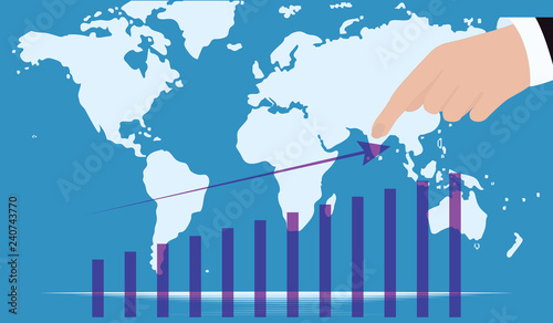 Business development dynamics - world map - man's hand pointing to an arrow - vector. Financial Success Concept