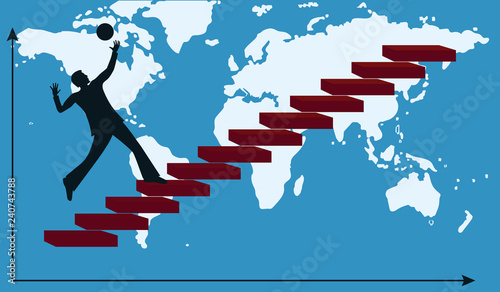 Silhouette of Businessman running up the stairs - world map - vector Financial Success Concept
