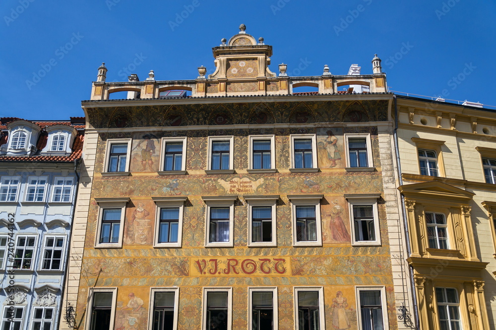 Beautiful colorful facede from Mikolas Ales on old V. J. Rott building from 1890 at Male namesti near the Old Town Square, Prague, Czech Republic, UNESCO World Heritage Site, sunny day