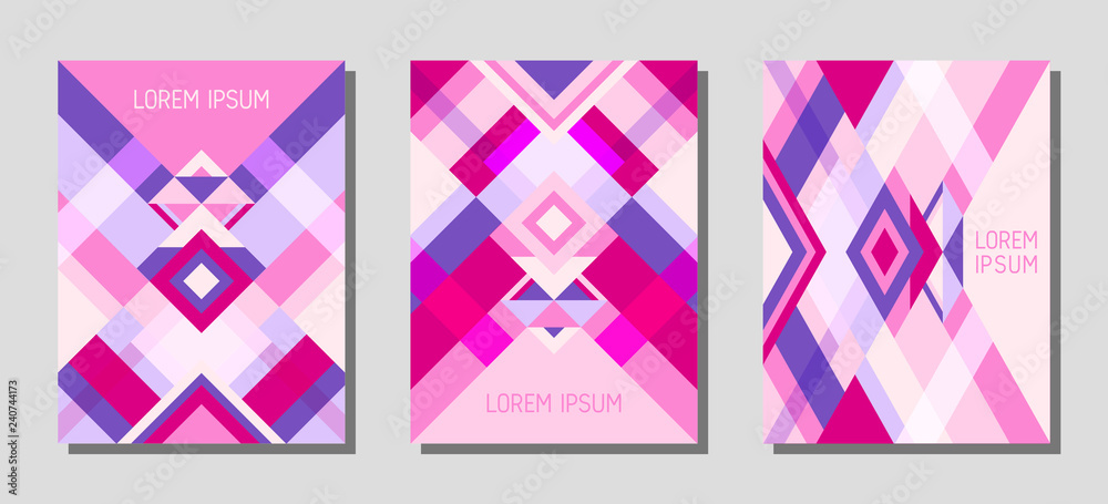 Cover page layout vector template geometric design with triangles and stripes pattern in violet, purple, pink.