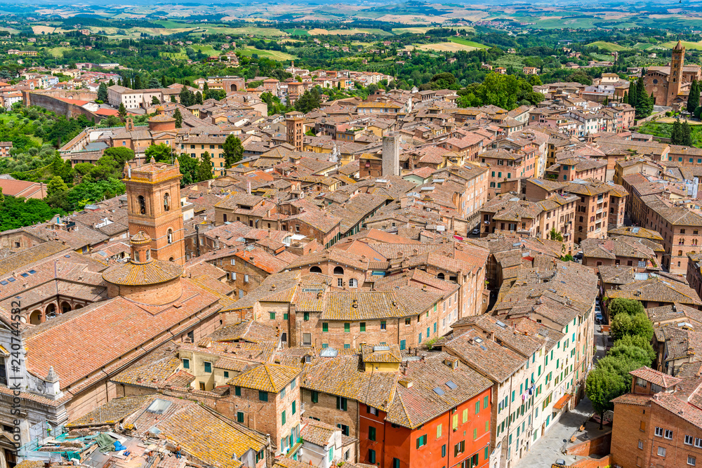 Aerial view of the cityscape of hilltop town Siena