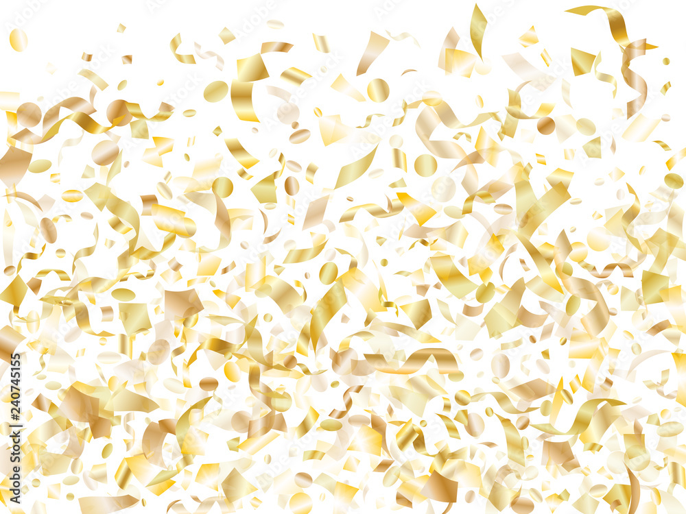 Obraz premium Holiday realistic gold confetti flying on black background.