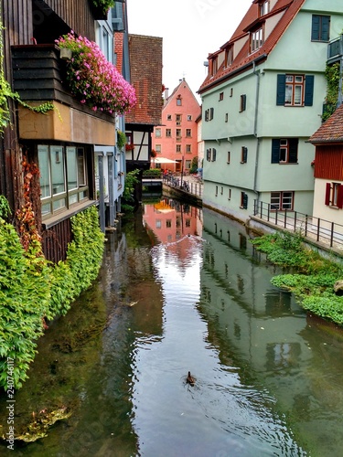 View of traditional houses along a canal at Fischerviertel (Ulm's old fishers' and tanners' quarter), Ulm, Germany