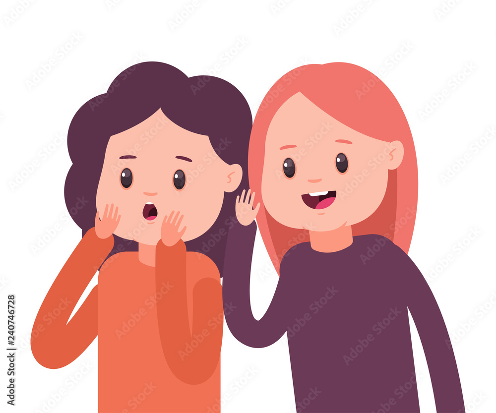 Girls whisper to each other secrets. Vector cartoon concept illustration with two gossip women isolated on white background. Girls whisper to each other secrets. Vector cartoon concept illustration with two gossip women isolated on white background.