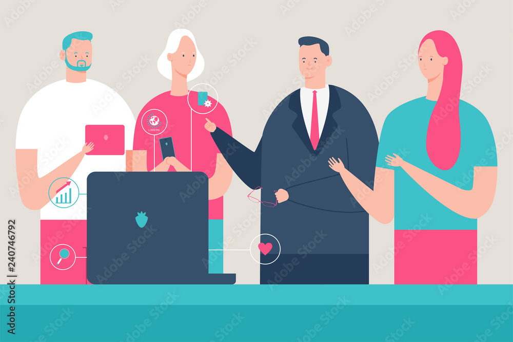 Business people are discussing the company's marketing strategy in the office at the table with a laptop. Teamwork vector cartoon concept illustration. Business people are discussing the company's marketing strategy in the office at the table with a laptop. Teamwork vector cartoon concept illustration.