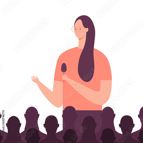 Girl speaker gives a speech to the audience at a business meeting. Vector concept illustration of trainings and presentations.