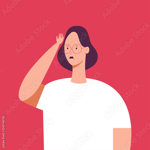 Girl with glasses forgot something. Vector cartoon woman character with bad memory illustration isolated on background.