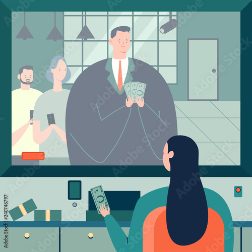Cashier and businessman with money. Payout in the bank office vector cartoon concept illustration.