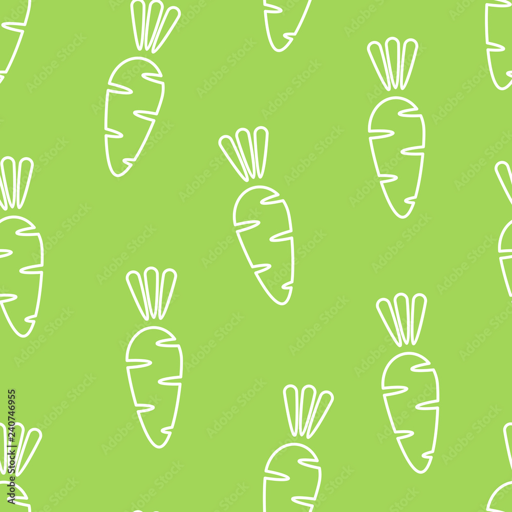 Fototapeta premium Carrot silhouette seamless vegetable pattern vector flat illustration. Natural food pattern design with outline carrot vegetable seamless texture in green and white colors for wrapping paper