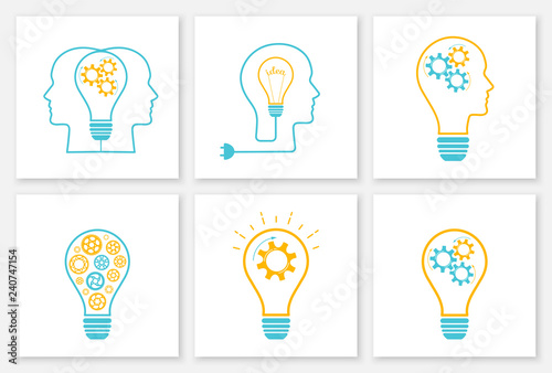 Gear lightbulb creative teamwork concept set vector illustration. Orange bulb silhouette with blue cogwheel inside innovation ideas graphic collection. Tech mechanism creative team business concept