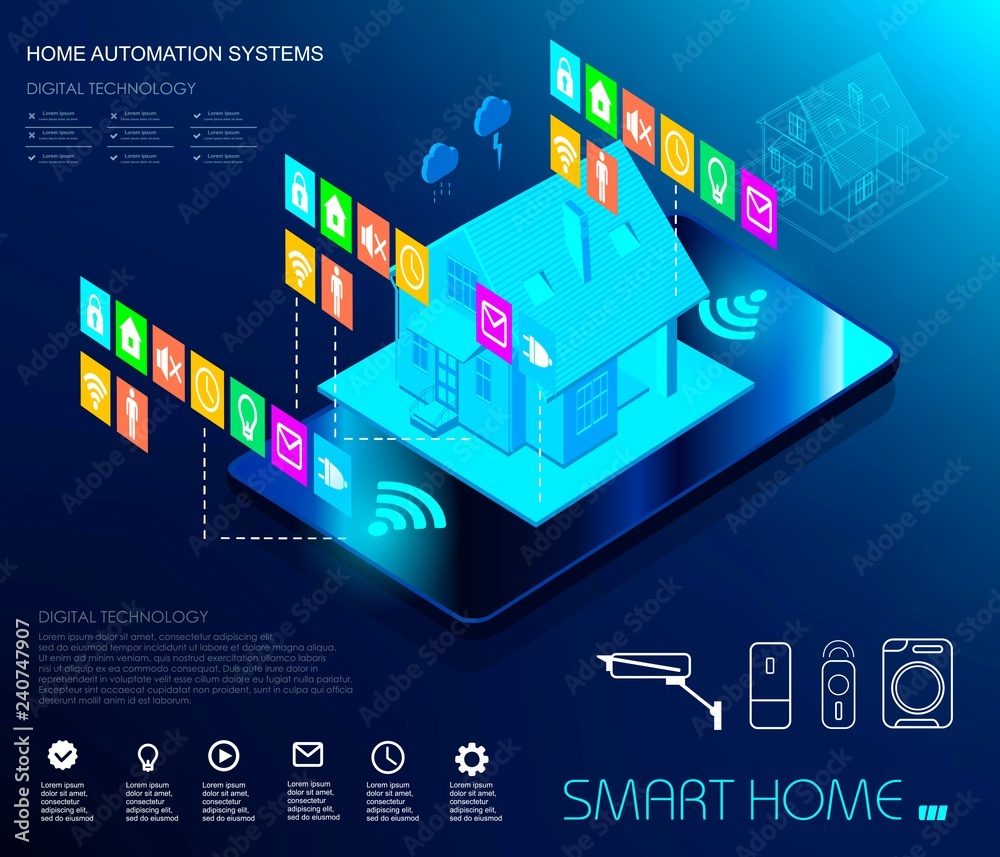 Smart home automation and internet of things illustration with icons of house and appliances connected, electronics devices Smart home automation and internet of things illustration with icons of house and appliances connected, electronics devices