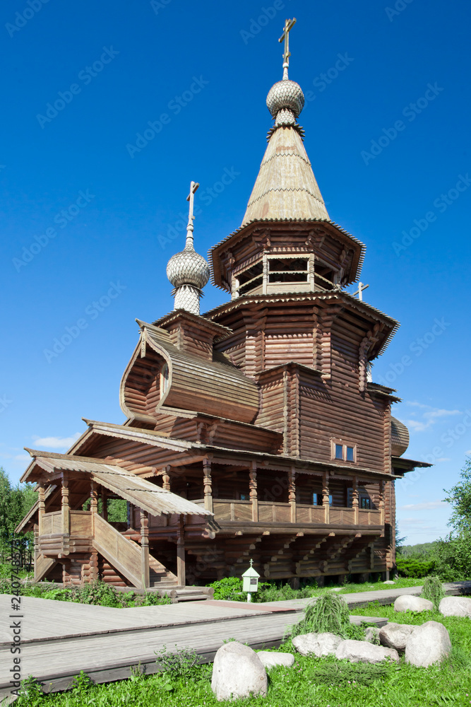 Orthodox water source Gremyachy and wooden church.