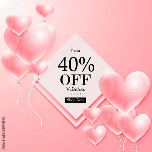  Valentine's day sale off background with pink balloon heart shape on pink pastel background Vector