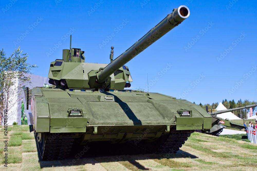  T-14 Armata tank at the military exhibition. Tank view from the front, from the bottom up