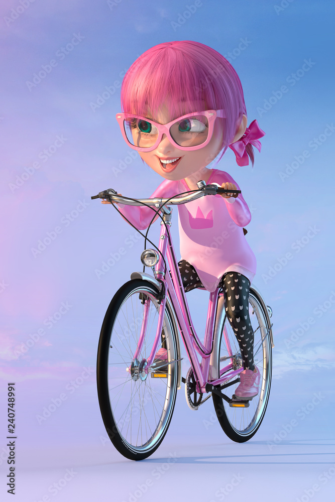 Cute cheerful smiling cartoon girl riding on the bicycle. Funny cartoon kid  character of a little kawaii girl with glasses and pink anime hairs. 3D  render Illustration Stock | Adobe Stock