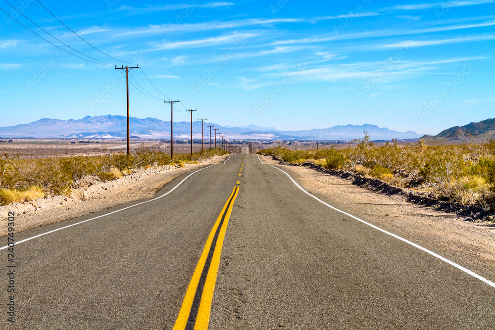 Lone road of Route 66 in the Mojave Desert, California