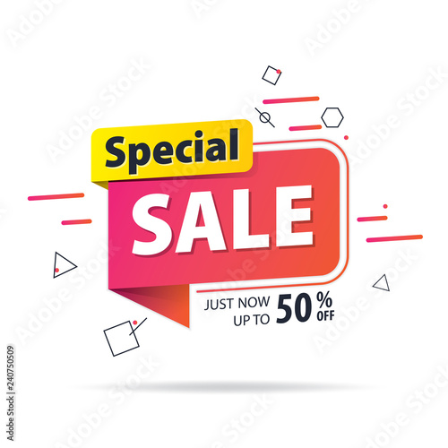 Yellow orange tag Special sale 50 percent off promotion website banner heading design on graphic white background vector for banner or poster. Sale and Discounts Concept.