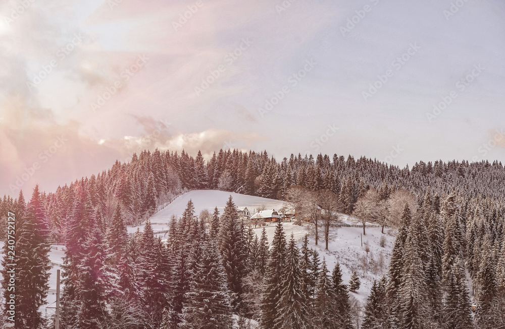 mountain village of Carpathians covered in snow on a winter freezy day. house with the yard in the center mountain village of Carpathians covered in snow on a winter freezy day. house with the yard in the center