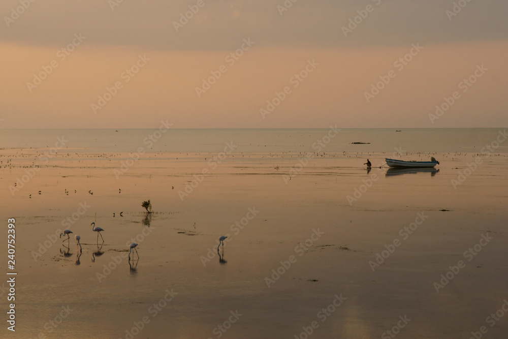 A single fishing boat against the sky and ocean. Barr al Hikman. Oman