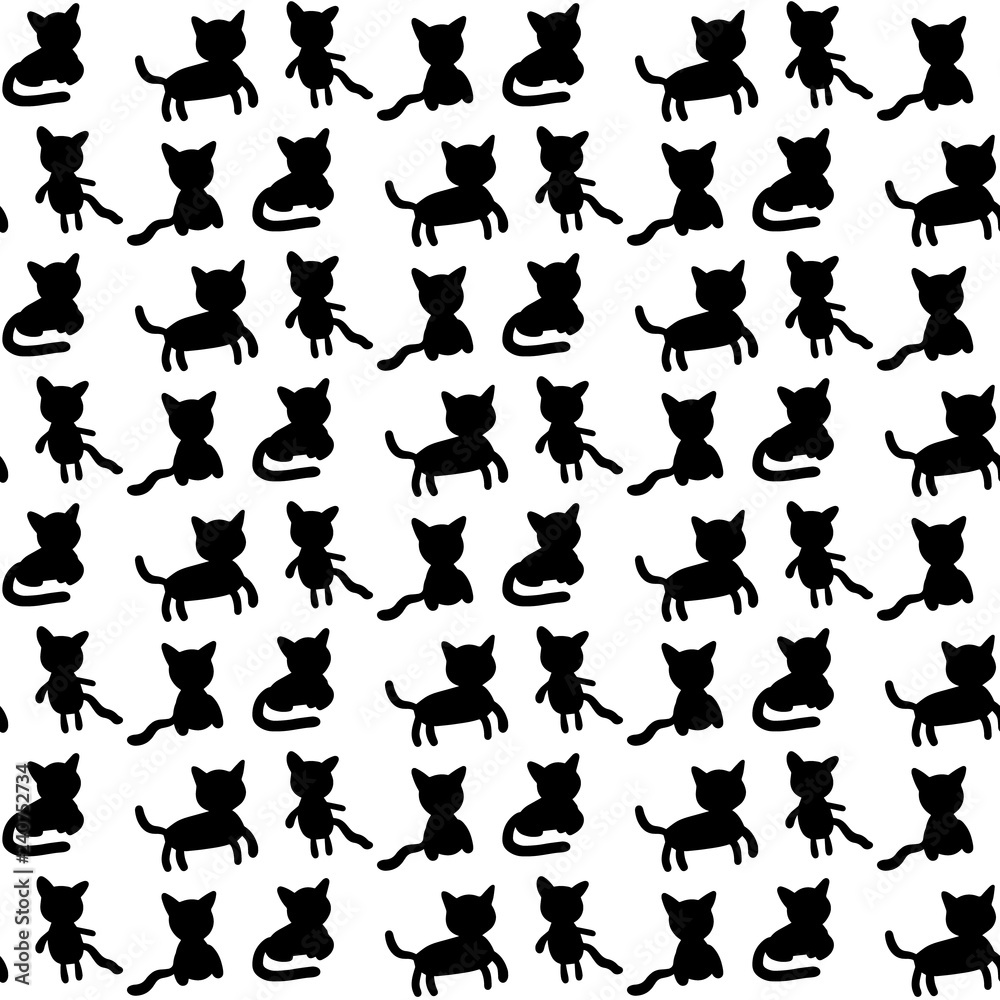 Cats set hand drawn silhouette seamless pattern four differents forms