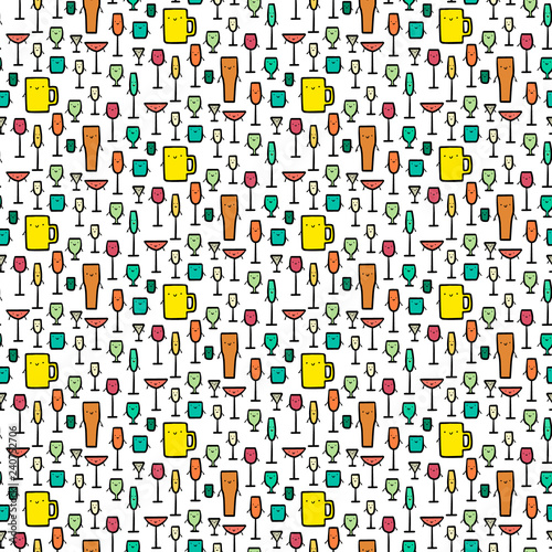 Smiling glass with alcohol seamless hand drawn pattern