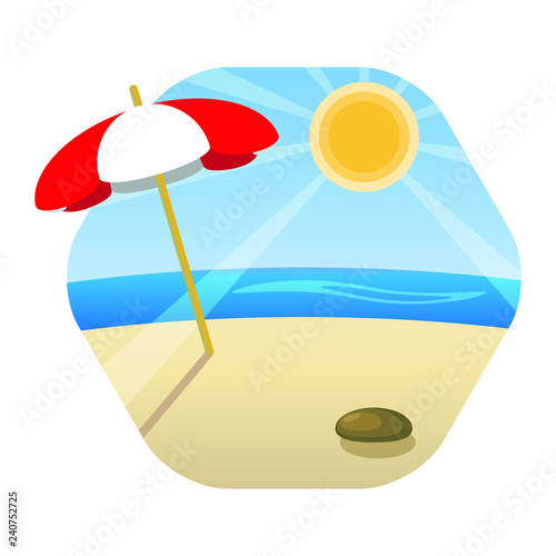 Sea landscape with beach umbrella in very sunny weather. Stone on the sandy beach under the blue sky. All elements have shadows. Hexagonal icon design.