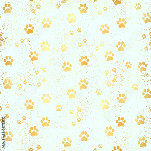 Gold Paw print seamless pattern. Seamless pattern of animal gold footprints. Dog paw print seamless pattern on gold background