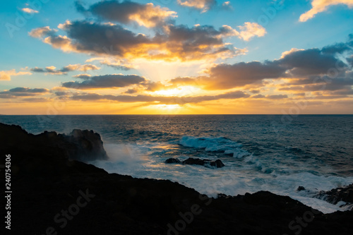 Amazing Los Hervideros lava caves in Lanzarote island at sunset  popular touristic attraction  Canary Islands  Spain