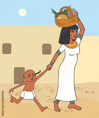 kid with mom from ancient egypt historical cartoon