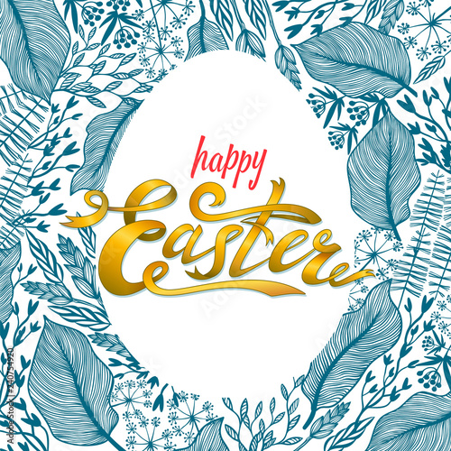 Easter greeting card with floral frame in egg shape. Herbal background. Perfe...