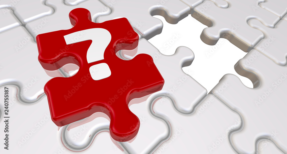 The missing piece of the puzzle. Folded white puzzles elements and one red with question mark. 3D Illustration The missing piece of the puzzle. Folded white puzzles elements and one red with question mark. 3D Illustration