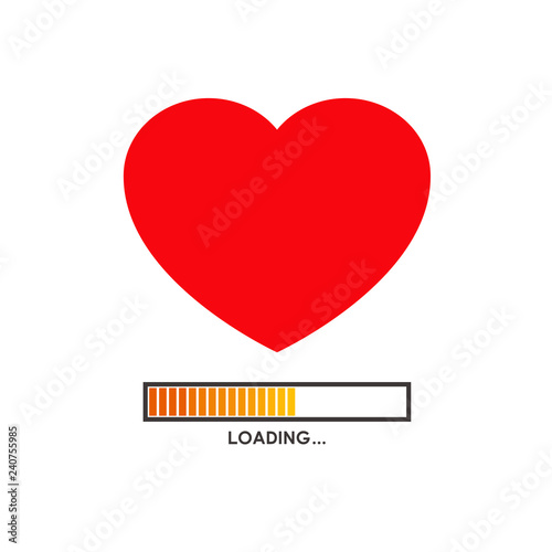 Logotipo abstracto con texto LOADING con corazón en color rojo y barra de estado en naranja