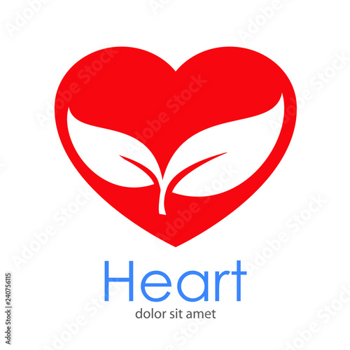 Logotipo abstracto con texto Heart con corazón con hojas en espacio negativo en color rojo