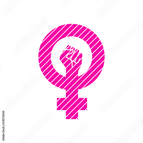 Icono plano símbolo feminista con puño en color rosa con lineas en diagonal en color blanco
