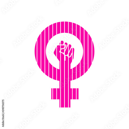 Icono plano símbolo feminista con puño en color rosa con lineas verticales en color blanco