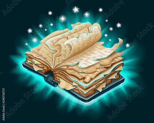 Isometric old book of magic spells and witchcraft with torn pages for computer game. Fairy tale icon in cartoon style. 3d isolated vector illustration.