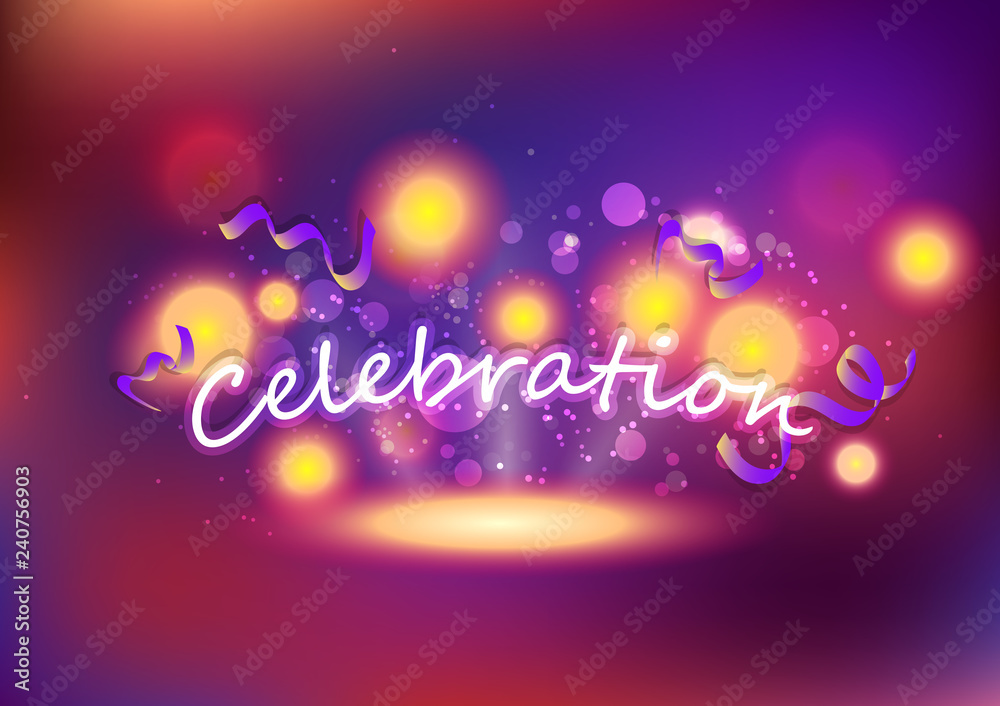 Celebration, ribbons and magic shooting stars, happiness fantasy glowing fireworks, light exploding festive party event abstract background vector illustration
