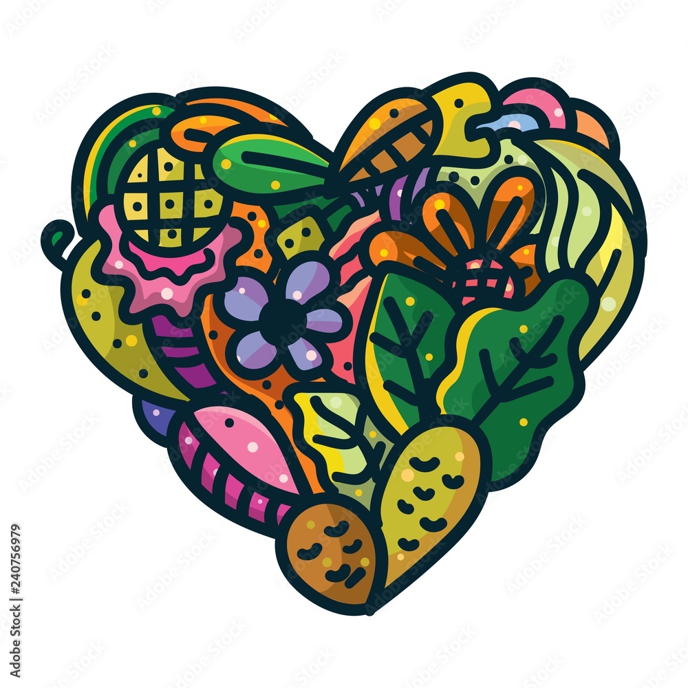 Doodle art with a heart-shaped flower and plant theme. Colorful and very cheerful