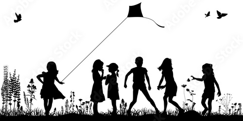Children walk in the meadow, in nature. Silhouettes of kids, vector. Summer concept.